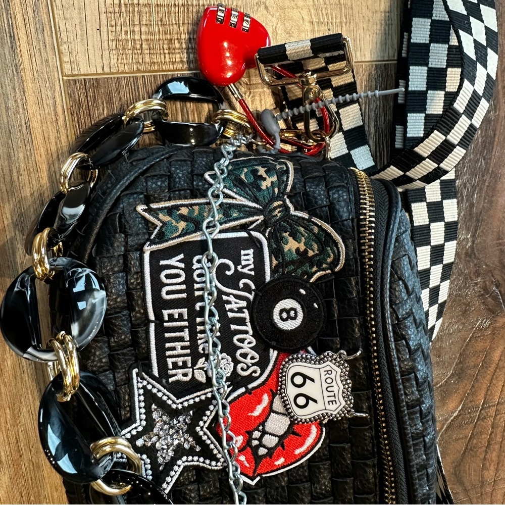 Charlie Maree Co Black Woven Crossbody Bag with Patches - Picture 8 of 10